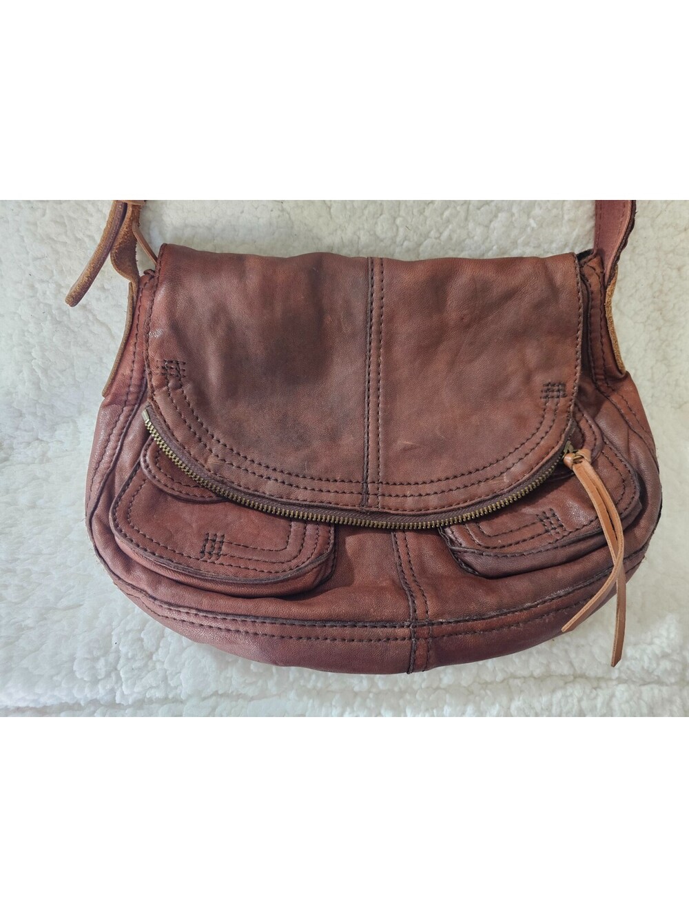 Lucky Brand Stash Fold Over Purse Hobo Bag Vintage Brown Lambskin Leather Boho - Picture 2 of 16